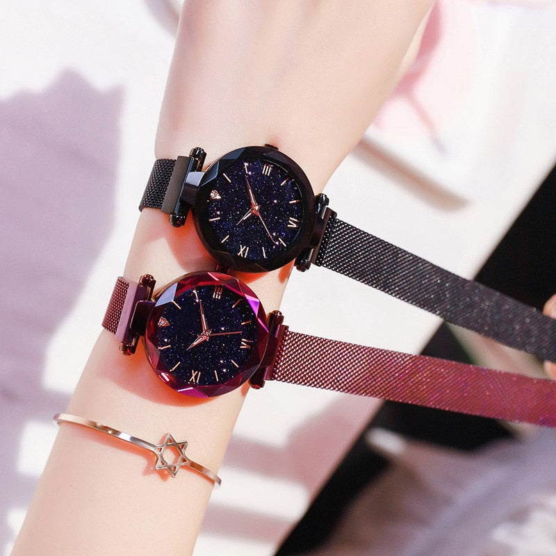 Starry Sky Watches Magnet Buckle Mesh Belt Diamond Quartz Watch Women