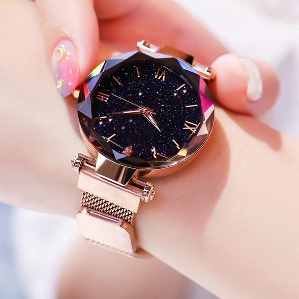 Starry Sky Watches Magnet Buckle Mesh Belt Diamond Quartz Watch Women