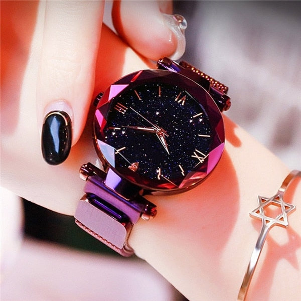 Starry Sky Watches Magnet Buckle Mesh Belt Diamond Quartz Watch Women