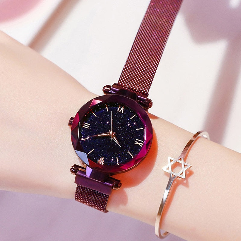 Starry Sky Watches Magnet Buckle Mesh Belt Diamond Quartz Watch Women