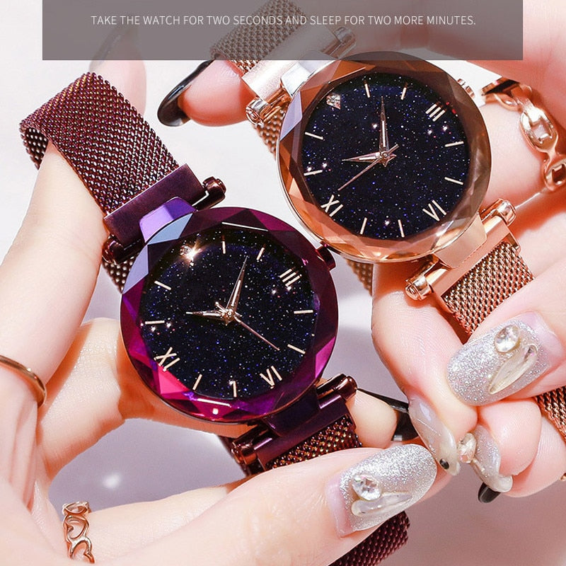 Starry Sky Watches Magnet Buckle Mesh Belt Diamond Quartz Watch Women